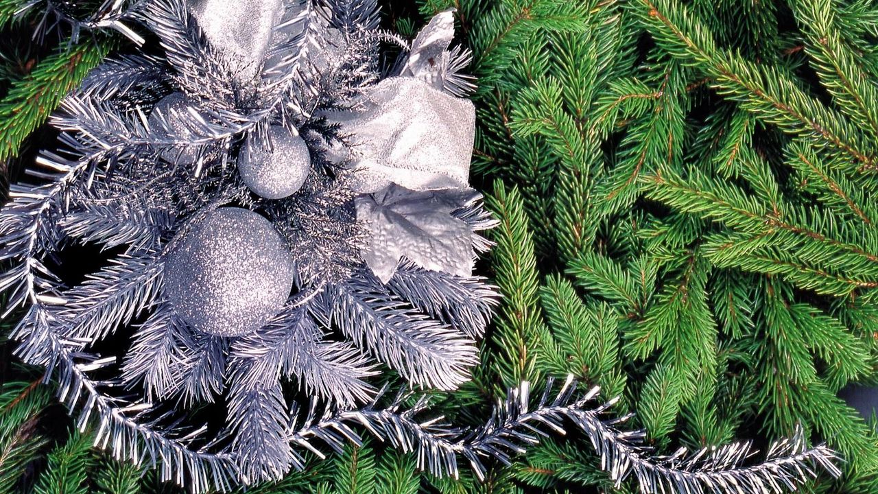Wallpaper tree, needles, christmas decorations, tinsel, holiday