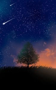Preview wallpaper tree, night, stars, art, smoke, meteors