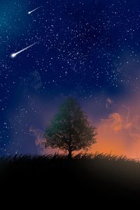 Preview wallpaper tree, night, stars, art, smoke, meteors