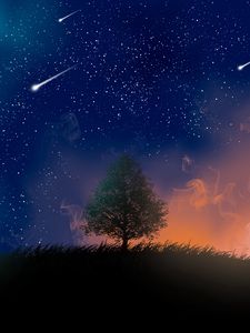 Preview wallpaper tree, night, stars, art, smoke, meteors