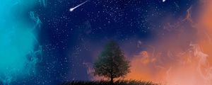 Preview wallpaper tree, night, stars, art, smoke, meteors