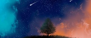 Preview wallpaper tree, night, stars, art, smoke, meteors