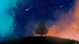 Preview wallpaper tree, night, stars, art, smoke, meteors