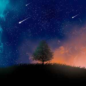 Preview wallpaper tree, night, stars, art, smoke, meteors