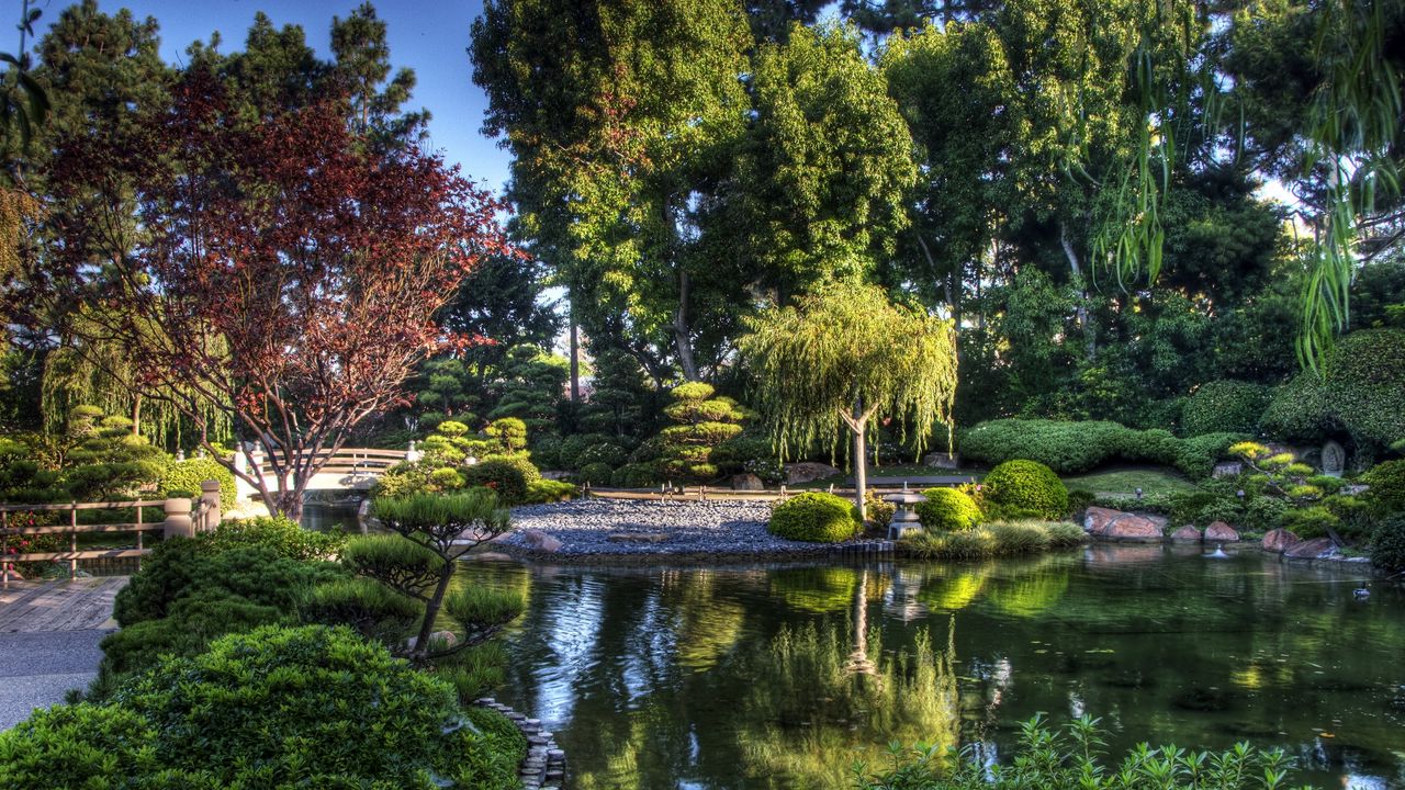 Wallpaper tree nursery, pond, bridge, green, sky, blue