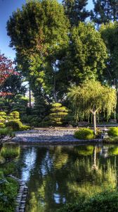 Preview wallpaper tree nursery, pond, bridge, green, sky, blue