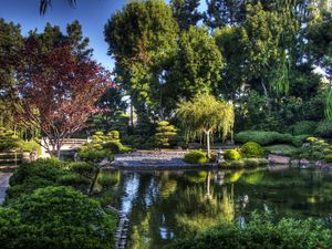 Preview wallpaper tree nursery, pond, bridge, green, sky, blue