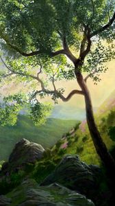 Preview wallpaper tree, painting, mountains, art, landscape