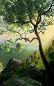 Preview wallpaper tree, painting, mountains, art, landscape