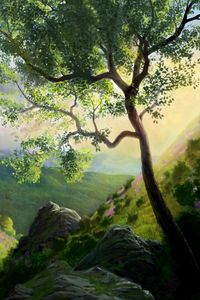 Preview wallpaper tree, painting, mountains, art, landscape