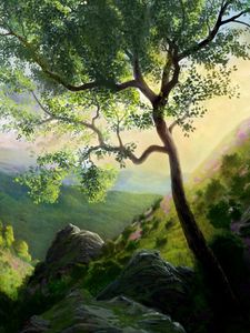 Preview wallpaper tree, painting, mountains, art, landscape