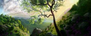 Preview wallpaper tree, painting, mountains, art, landscape