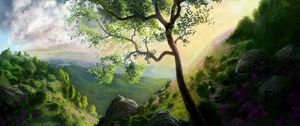 Preview wallpaper tree, painting, mountains, art, landscape