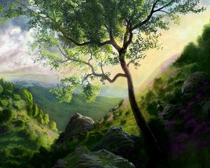 Preview wallpaper tree, painting, mountains, art, landscape