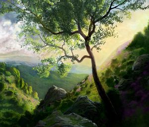 Preview wallpaper tree, painting, mountains, art, landscape