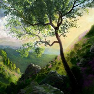 Preview wallpaper tree, painting, mountains, art, landscape