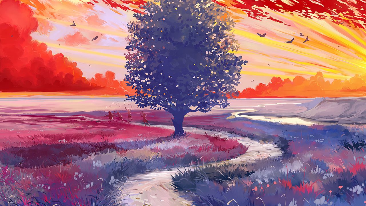 Wallpaper tree, path, art, field