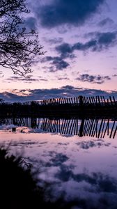 Preview wallpaper tree, river, fence, reflection, evening