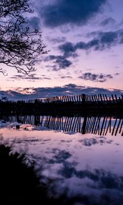Preview wallpaper tree, river, fence, reflection, evening