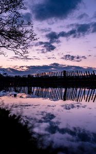 Preview wallpaper tree, river, fence, reflection, evening