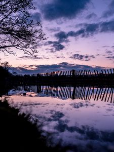 Preview wallpaper tree, river, fence, reflection, evening