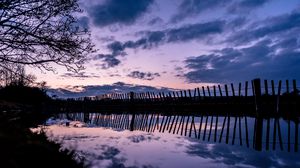 Preview wallpaper tree, river, fence, reflection, evening