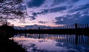 Preview wallpaper tree, river, fence, reflection, evening
