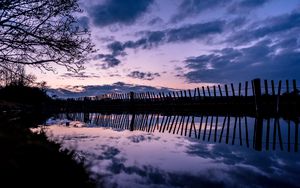 Preview wallpaper tree, river, fence, reflection, evening