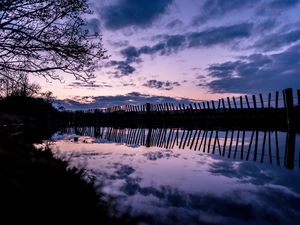 Preview wallpaper tree, river, fence, reflection, evening