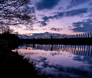 Preview wallpaper tree, river, fence, reflection, evening