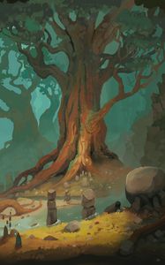 Preview wallpaper tree, river, stones, roots, art