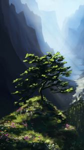 Preview wallpaper tree, rock, mountains, landscape, art