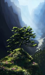 Preview wallpaper tree, rock, mountains, landscape, art