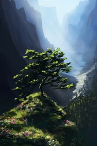 Preview wallpaper tree, rock, mountains, landscape, art