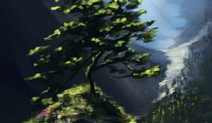 Preview wallpaper tree, rock, mountains, landscape, art