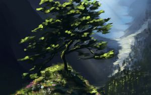 Preview wallpaper tree, rock, mountains, landscape, art