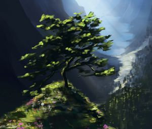 Preview wallpaper tree, rock, mountains, landscape, art