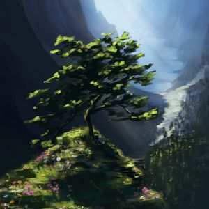 Preview wallpaper tree, rock, mountains, landscape, art