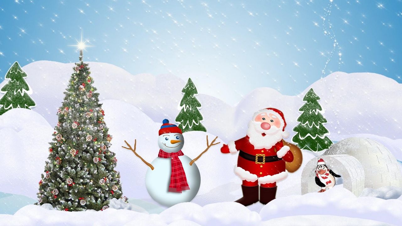 Wallpaper tree, santa claus, snowman, penguin, snow, winter, new year