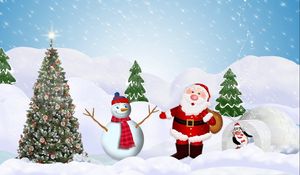 Preview wallpaper tree, santa claus, snowman, penguin, snow, winter, new year