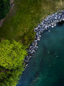 Preview wallpaper tree, shore, river, stones, aerial view, nature