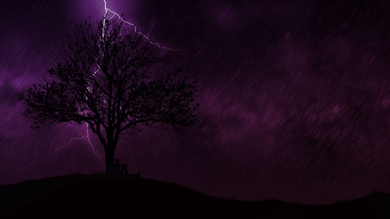 Wallpaper tree, silhouette, lightning, night, rain, loneliness