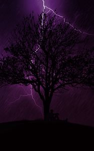 Preview wallpaper tree, silhouette, lightning, night, rain, loneliness