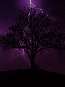 Preview wallpaper tree, silhouette, lightning, night, rain, loneliness