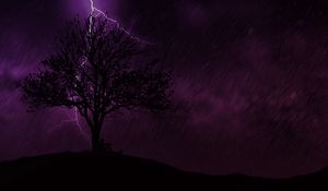 Preview wallpaper tree, silhouette, lightning, night, rain, loneliness