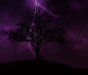 Preview wallpaper tree, silhouette, lightning, night, rain, loneliness