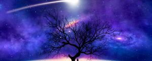 Preview wallpaper tree, silhouette, space, night, starry sky, comet