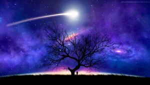 Preview wallpaper tree, silhouette, space, night, starry sky, comet
