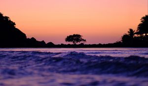 Preview wallpaper tree, silhouette, waves, shore, dusk, dark