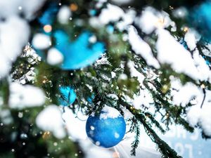 Preview wallpaper tree, snow, decoration, baubles, new year, christmas